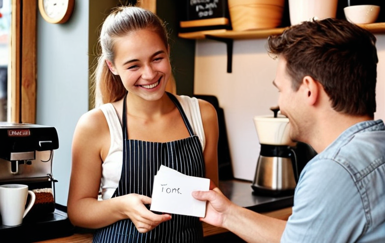 **Prompt:** A cozy, inviting Dutch coffee shop scene, with a warm-smiling barista handing a personalized coffee cup to a loyal customer. A small, elegantly handwritten thank-you note is subtly visible on the counter. The atmosphere emphasizes genuine human connection, personal recognition, and feeling valued, rather than just a transaction. Warm, natural lighting and authentic details.