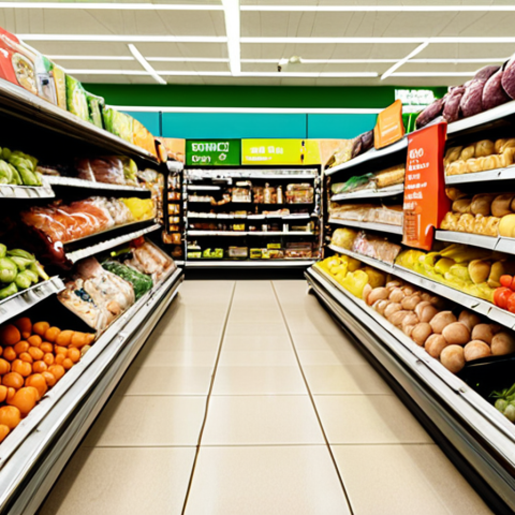 **Prompt:** A supermarket aisle showcasing produce with dynamic pricing labels, highlighting discounted "best before" items, alongside shoppers choosing sustainable options. Focus on reducing food waste with data-driven solutions.