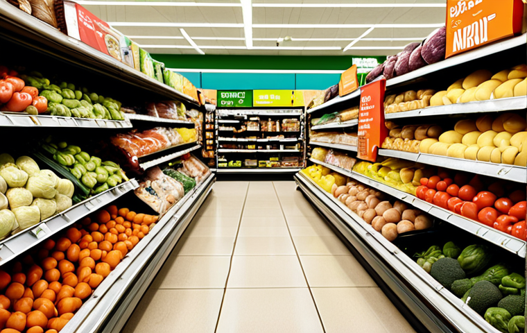 **Prompt:** A supermarket aisle showcasing produce with dynamic pricing labels, highlighting discounted "best before" items, alongside shoppers choosing sustainable options. Focus on reducing food waste with data-driven solutions.