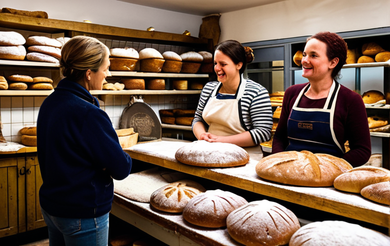 **
A bustling local bakery scene in the Netherlands. The baker, with flour-dusted apron, is passionately explaining the ingredients and traditional methods to a diverse group of customers. Shelves are filled with rustic breads. The overall feeling is warm, inviting, and emphasizes the story behind the product. Focus on capturing the emotional connection between the baker and the customers.
**