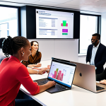 **A diverse group of people interacting positively with a brand representative in a modern, brightly lit office setting, emphasizing active listening and empathy. Include laptops and digital displays showing customer feedback data.  The scene should convey a sense of collaboration and understanding.  Stylize with a warm, approachable color palette.**