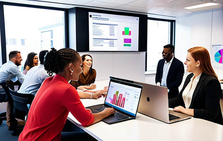 **A diverse group of people interacting positively with a brand representative in a modern, brightly lit office setting, emphasizing active listening and empathy. Include laptops and digital displays showing customer feedback data. The scene should convey a sense of collaboration and understanding. Stylize with a warm, approachable color palette.**