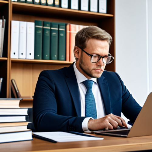 Home 22 A focused, professional Dutch consumer law expert in a modest business suit, sitting diligently at a large wooden desk. They are surrounded by stacks of diverse legal books and a modern laptop displaying complex legal documents, with a tablet showing various charts. The expert is intently looking at a document or screen, perhaps making notes. The environment is a well-lit, organized, modern study or office space, with the background subtly blurred to emphasize the subject and the vastness of information.