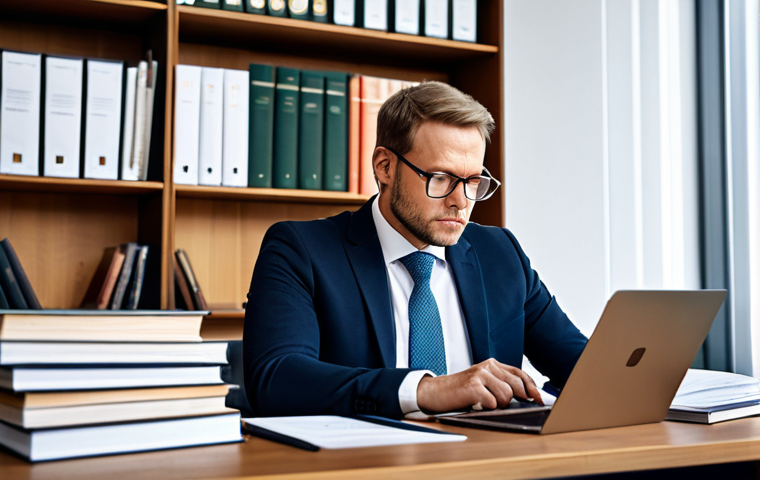 A focused, professional Dutch consumer law expert in a modest business suit, sitting diligently at a large wooden desk. They are surrounded by stacks of diverse legal books and a modern laptop displaying complex legal documents, with a tablet showing various charts. The expert is intently looking at a document or screen, perhaps making notes. The environment is a well-lit, organized, modern study or office space, with the background subtly blurred to emphasize the subject and the vastness of information.