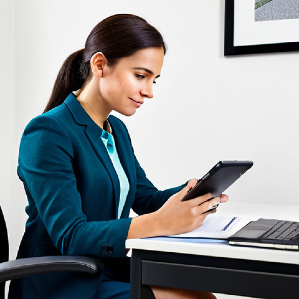 A focused, professional woman in modest business casual attire, seated at a modern, brightly lit home office desk. She is meticulously organizing physical documents and reviewing information on a tablet, then calmly engaging in a professional phone conversation while taking notes. The office is clean and organized with neatly stacked files and a plant. Professional photography, high resolution, soft lighting, natural pose, perfect anatomy, correct proportions, well-formed hands, proper finger count, fully clothed, modest clothing, appropriate attire, professional dress, safe for work, appropriate content, family-friendly.