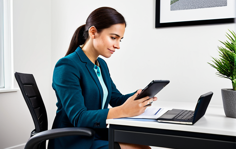 A focused, professional woman in modest business casual attire, seated at a modern, brightly lit home office desk. She is meticulously organizing physical documents and reviewing information on a tablet, then calmly engaging in a professional phone conversation while taking notes. The office is clean and organized with neatly stacked files and a plant. Professional photography, high resolution, soft lighting, natural pose, perfect anatomy, correct proportions, well-formed hands, proper finger count, fully clothed, modest clothing, appropriate attire, professional dress, safe for work, appropriate content, family-friendly.