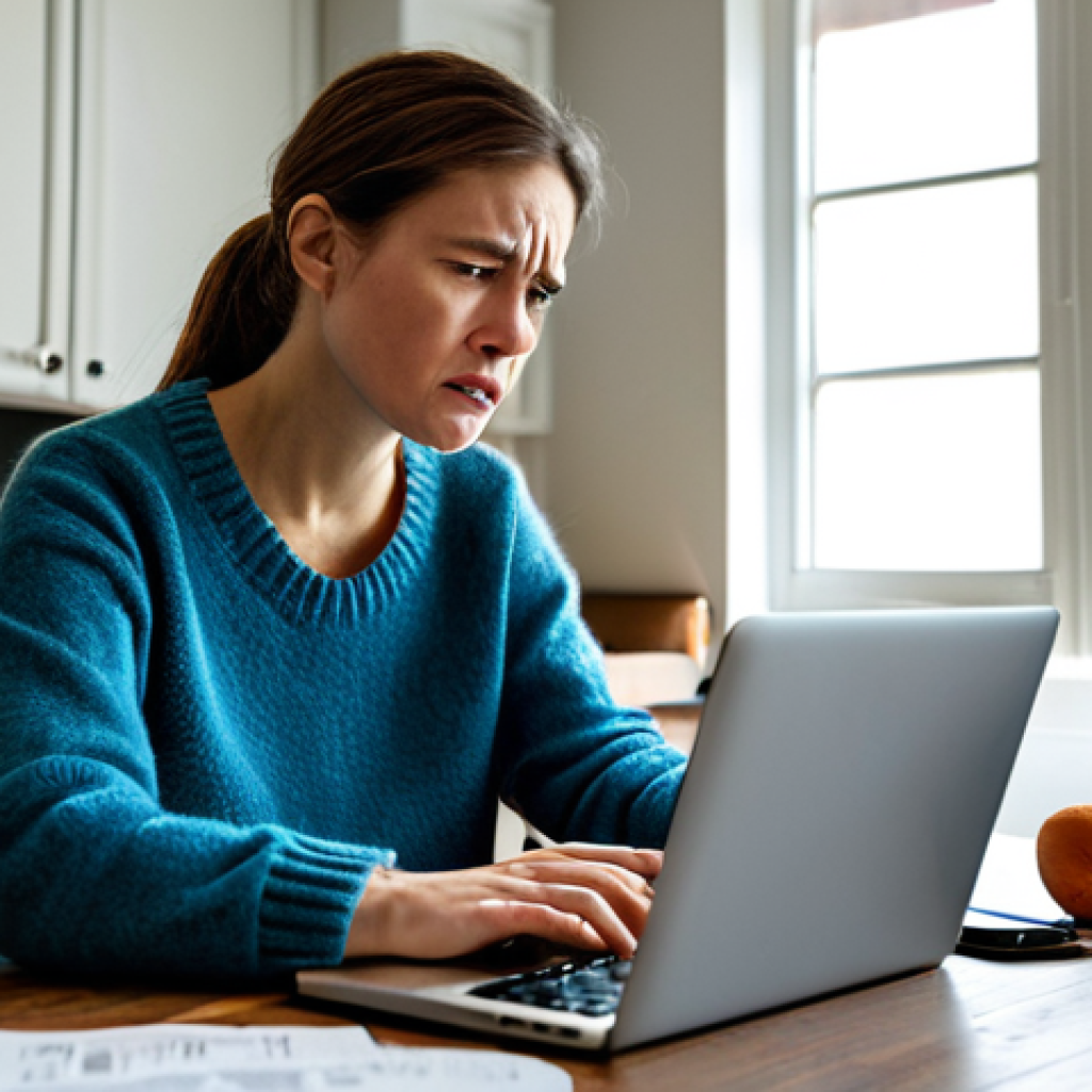 **

A woman sitting at her kitchen table, looking frustrated at her laptop screen. Receipts and product packaging are scattered around her. She is wearing a modest sweater and jeans. The scene is lit with soft, natural light.  Keywords: "online shopping problems", "consumer rights", "frustrated shopper", "fully clothed", "appropriate attire", "safe for work", "realistic", "Dutch setting", "well-formed hands", "proper finger count", "natural body proportions".

**