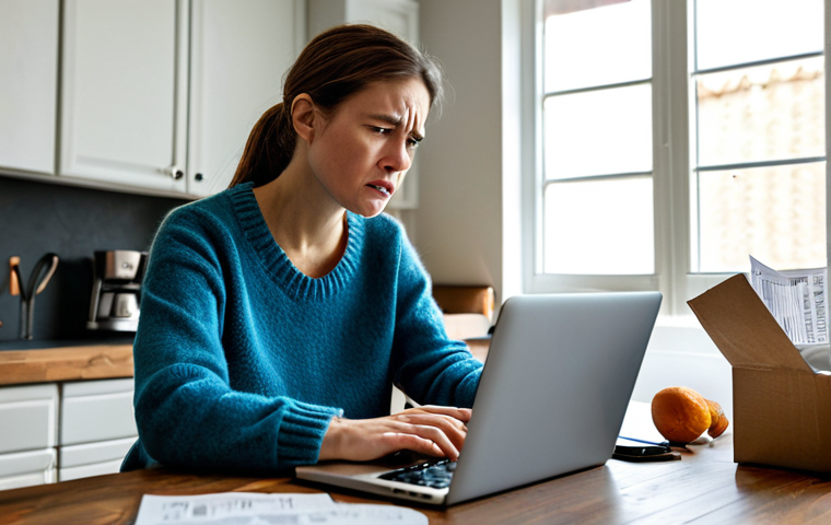 **

A woman sitting at her kitchen table, looking frustrated at her laptop screen. Receipts and product packaging are scattered around her. She is wearing a modest sweater and jeans. The scene is lit with soft, natural light.  Keywords: "online shopping problems", "consumer rights", "frustrated shopper", "fully clothed", "appropriate attire", "safe for work", "realistic", "Dutch setting", "well-formed hands", "proper finger count", "natural body proportions".

**