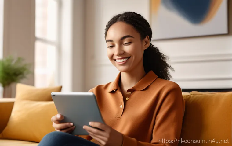소비자 불만 처리 서비스 개선 사례 - "A diverse young adult, wearing stylish casual attire, is seated comfortably on a plush sofa in a mo...