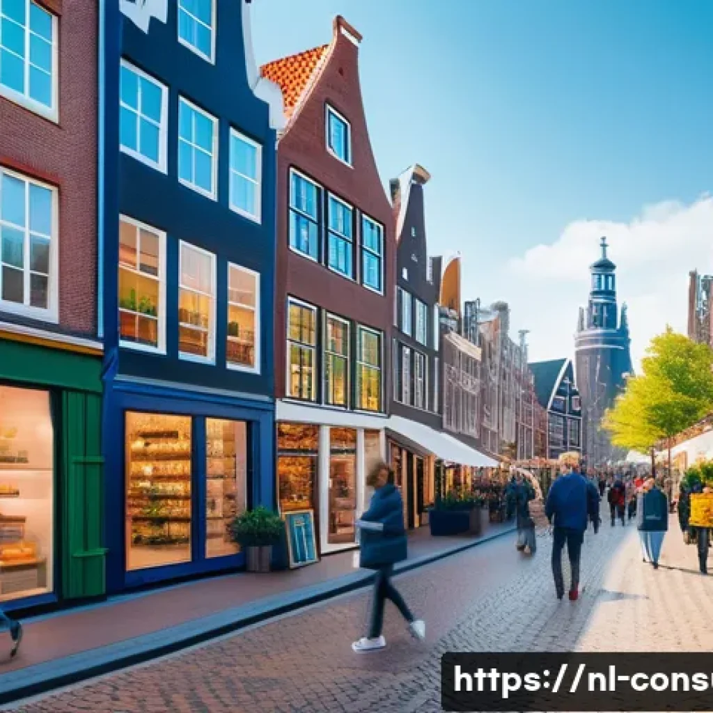 소비자 보호와 관련된 주요 연구와 학문적 기여 사례 연구와 분석 - A vibrant digital marketplace scene set in a modern Dutch city, featuring diverse consumers using sm...