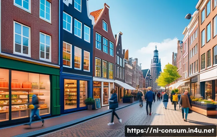 소비자 보호와 관련된 주요 연구와 학문적 기여 사례 연구와 분석 - A vibrant digital marketplace scene set in a modern Dutch city, featuring diverse consumers using sm...