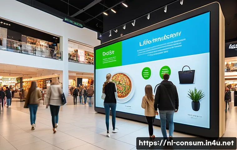 소비자 행동 데이터를 활용한 미래 전망 - A vibrant scene of a modern Dutch shopping mall showcasing personalized digital advertisements on la...