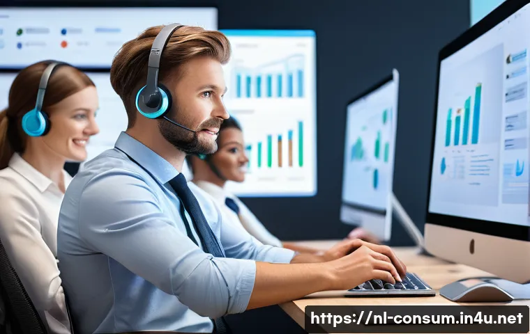 소비자 불만 처리와 CS 혁신 사례 - A modern Dutch customer service center featuring diverse agents engaging with customers through mult...