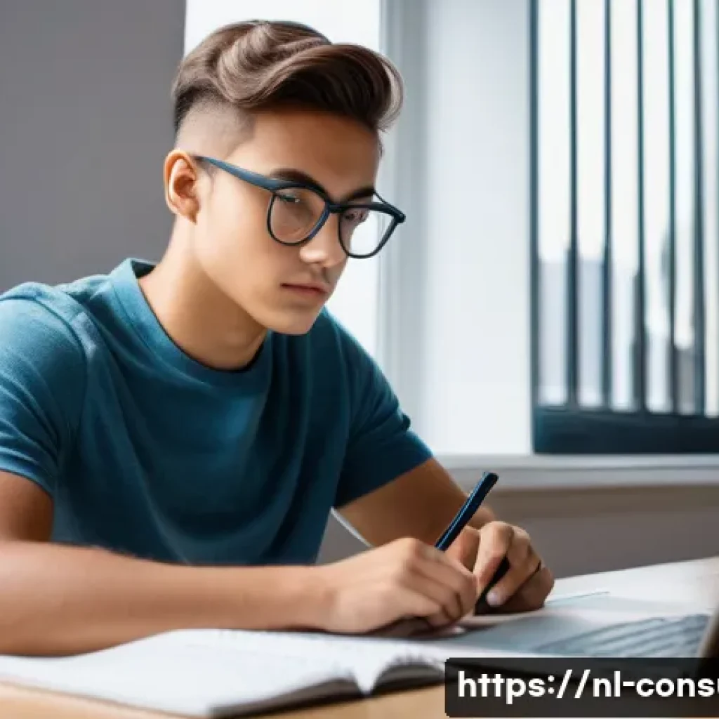 소비자전문기술사 실기 준비 핵심 팁 - A focused Dutch student studying efficiently at a tidy desk with a laptop, notebooks, and a timer se...