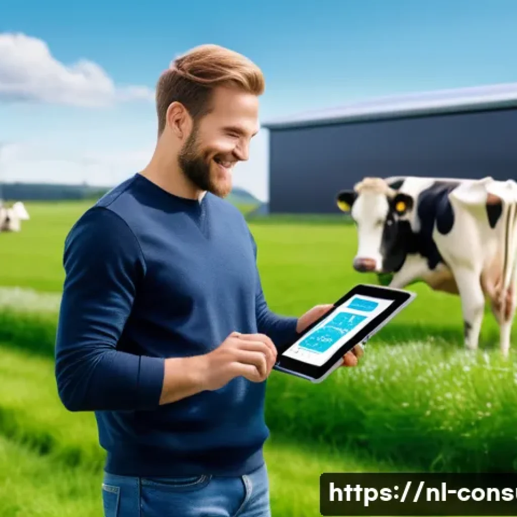 소비자 보호와 관련된 혁신적 연구와 사례 분석 - A modern Dutch dairy farm scene showcasing blockchain technology in action: a farmer holding a table...