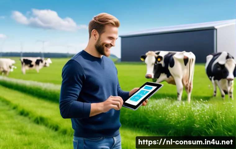 소비자 보호와 관련된 혁신적 연구와 사례 분석 - A modern Dutch dairy farm scene showcasing blockchain technology in action: a farmer holding a table...