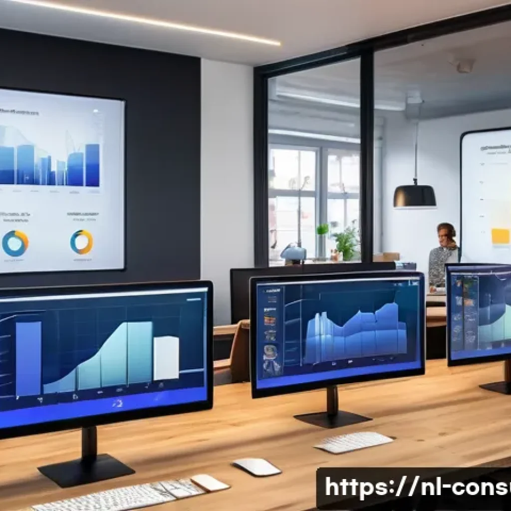 소비자 행동 분석 툴 활용법 - A modern Dutch marketing office scene showing a diverse team of professionals analyzing consumer dat...