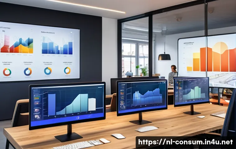 소비자 행동 분석 툴 활용법 - A modern Dutch marketing office scene showing a diverse team of professionals analyzing consumer dat...