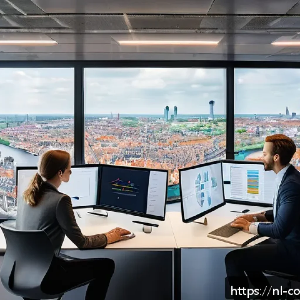 소비자 행동 데이터를 활용한 신제품 전략 - A modern Dutch office setting with a diverse team of professionals analyzing detailed behavioral dat...