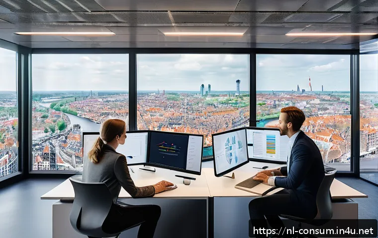소비자 행동 데이터를 활용한 신제품 전략 - A modern Dutch office setting with a diverse team of professionals analyzing detailed behavioral dat...