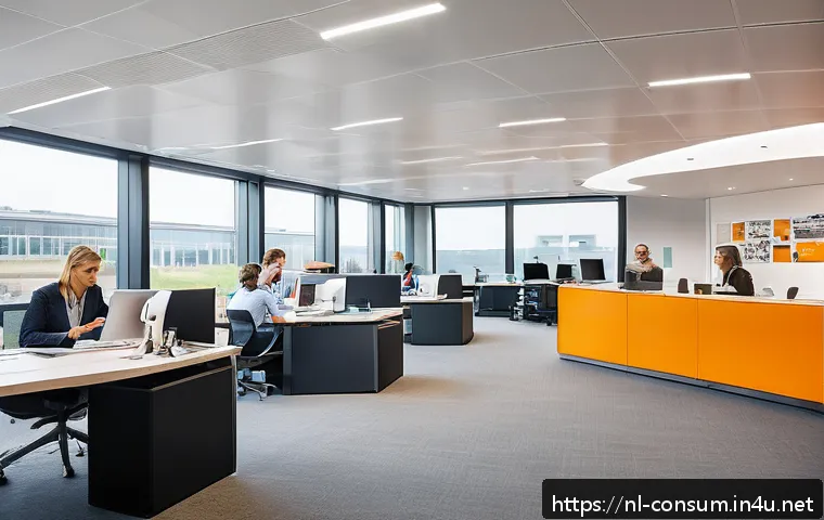 소비자 불만 관리 사례 분석 - A modern Dutch customer service office scene showing a diverse team of employees engaging warmly wit...