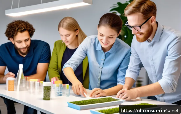 소비자중심 경영 사례와 지속 가능성 전략 연구와 분석 - A modern Dutch eco-friendly packaging design lab scene, showing a diverse group of professionals con...