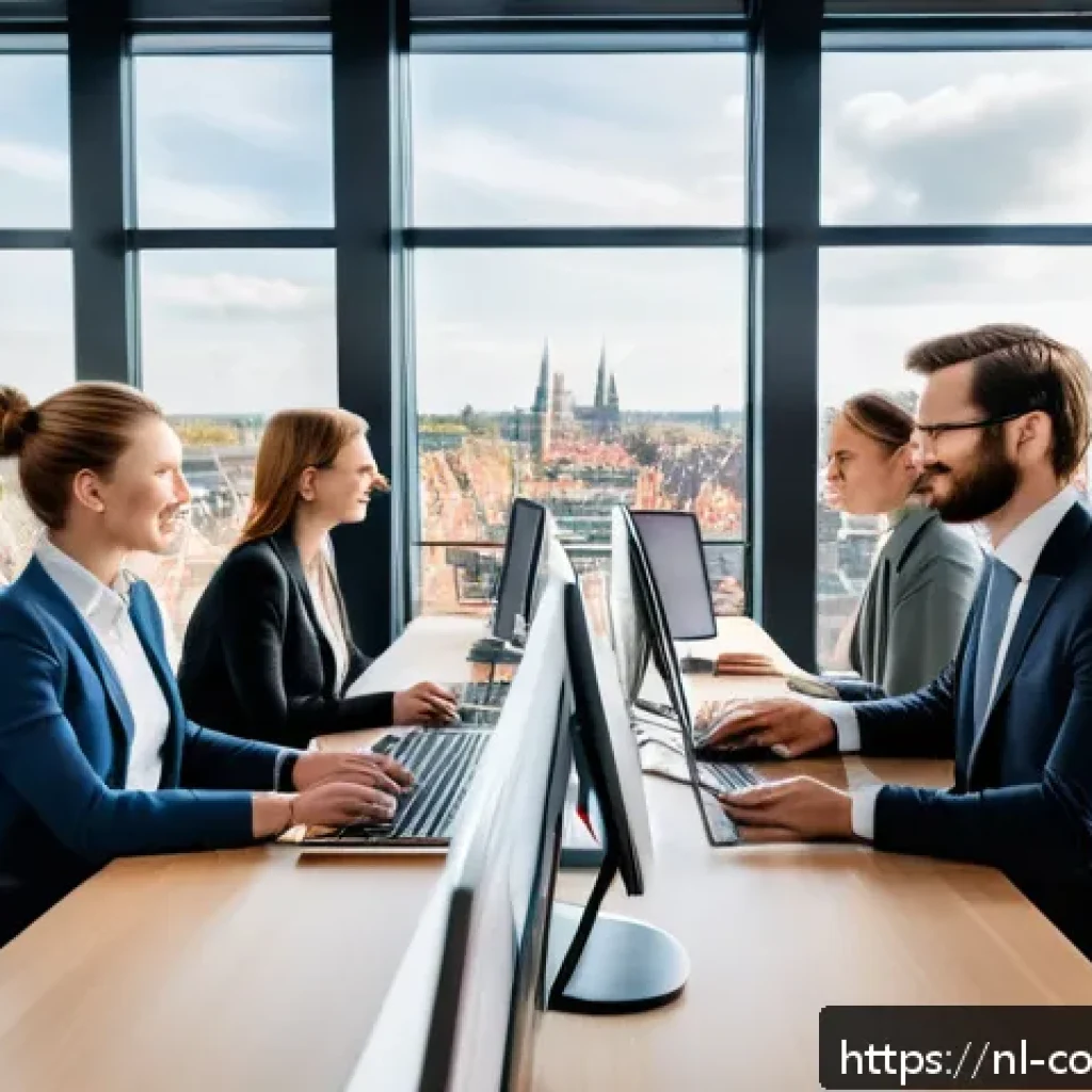 소비자 불만 관리 전략과 실행 사례 - A modern Dutch customer service office scene featuring a diverse team of professionals actively list...