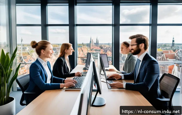 소비자 불만 관리 전략과 실행 사례 - A modern Dutch customer service office scene featuring a diverse team of professionals actively list...