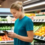 Home 18 소비자 보호와 관련된 혁신적 접근 방법 - A modern Dutch supermarket scene showing a diverse adult shopper holding a smartphone in one hand, s...