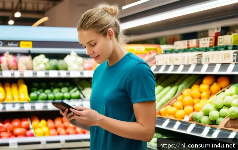 소비자 보호와 관련된 혁신적 접근 방법 - A modern Dutch supermarket scene showing a diverse adult shopper holding a smartphone in one hand, s...
